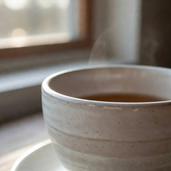 Close-up of a ceramic teacup rim catching window light, background softly blurred