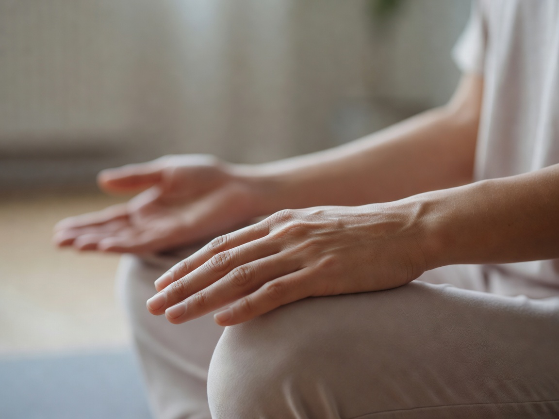 Close-up of open relaxed hands resting during slow breathing, warm blurred background