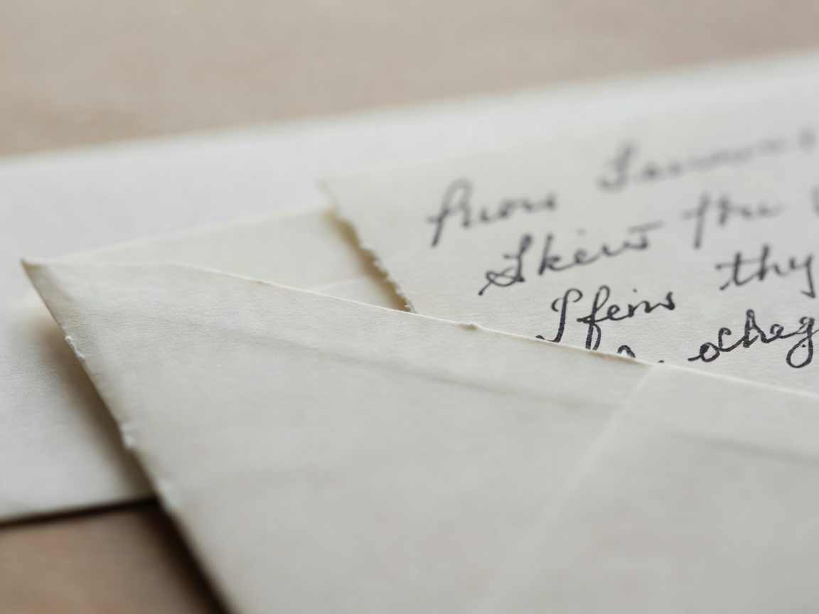 Close-up of a paper envelope edge and handwritten note with shallow depth of field