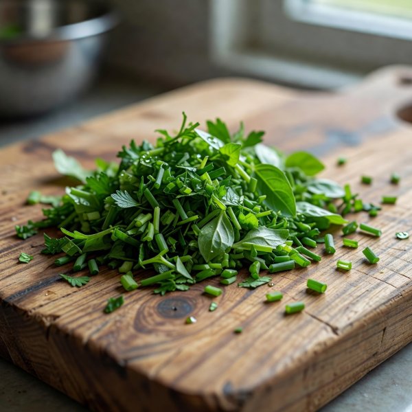 Close-up of fresh chopped herbs on a wooden board, shallow depth of field