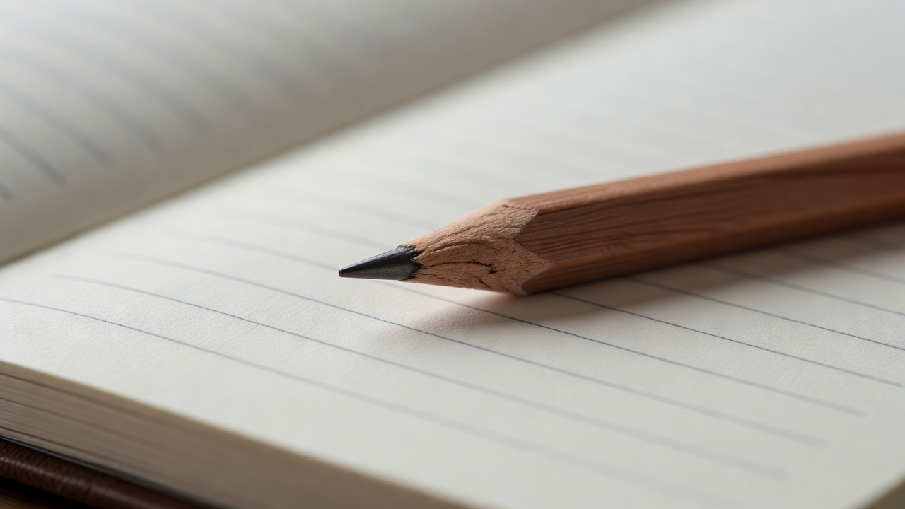 Macro detail of a sharpened pencil on a lined planner page with soft blurred edges