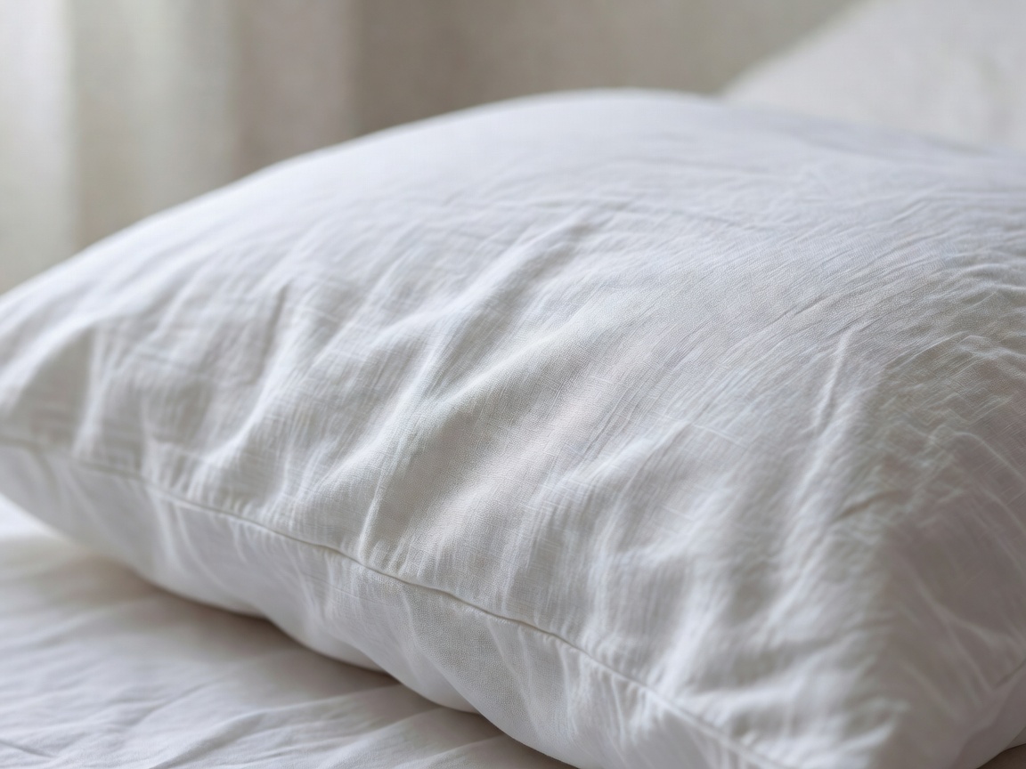 Close-up of soft white linen pillow folds in warm bedside light, background out of focus