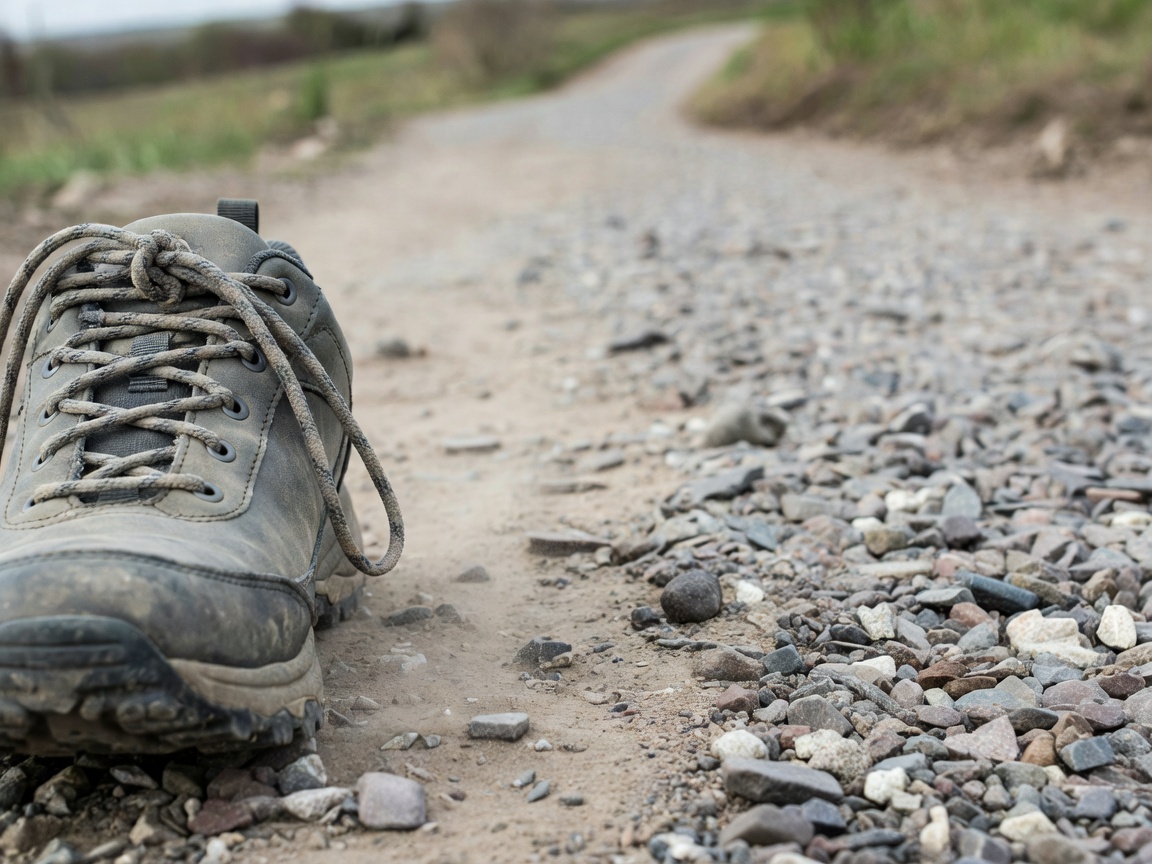 Close-up of a walking shoe and laces on a gravel trail, path softly blurred behind